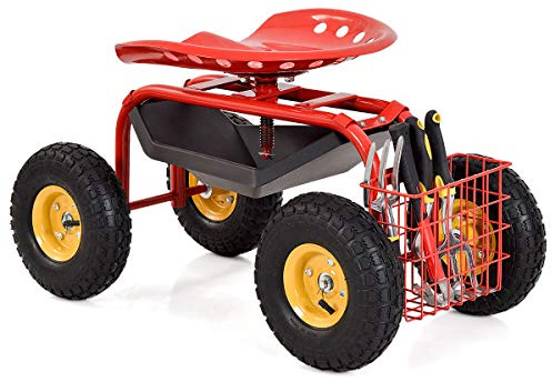 COSTWAY Rollsitz mit Rollen, 360 ° drehbar | höhenverstellbar, Gartensitz mit Ablage & Korb, bis 150 kg | breite Gummireifen, Gartenrollsitz für Gartenarbeit, Arbeitssitz Gartenwagen Metall (Rot)