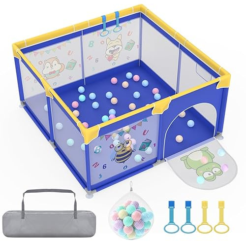 Aufun Parc pour bébé en tissu Oxford 300D, avec barrière en mousse anti-collision, filet respirant, fermeture éclair, aire de jeux de sécurité pour l'intérieur et l'extérieur (bleu, 127 x 127 cm)