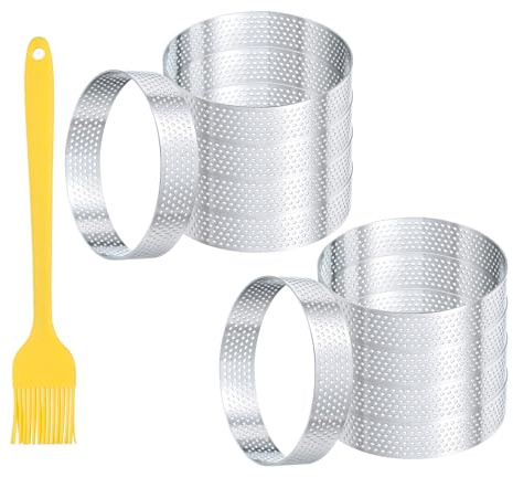 sourcing map 10pcs Perforated Cake Rings 3.9 Inch Stainless Steel Round Cake Mousse Ring Molds with Brush for Baking Cake Dessert Pastry Making, Silver Tone