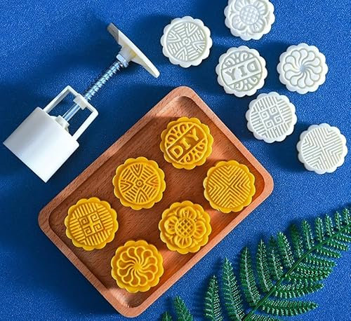 GZKDKZB Mooncake Press Molds,50g Thickness Adjustable Cookie Stamps Moon Cake Mold With 6 Stamps,Mooncake Flower Round Bakeware,for Baking DIY Cake Cookie Biscuit Dessert Mooncake Mould