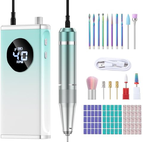 HOMEASY Nagelfräser 40.000 U/min mit LCD 16-in-1 Gelnägel Lila Blau Weiß | 16-in-1 Nagelfräser Set mit LCD Anzeige Rechts- und Linkslauf für Gelnägel.