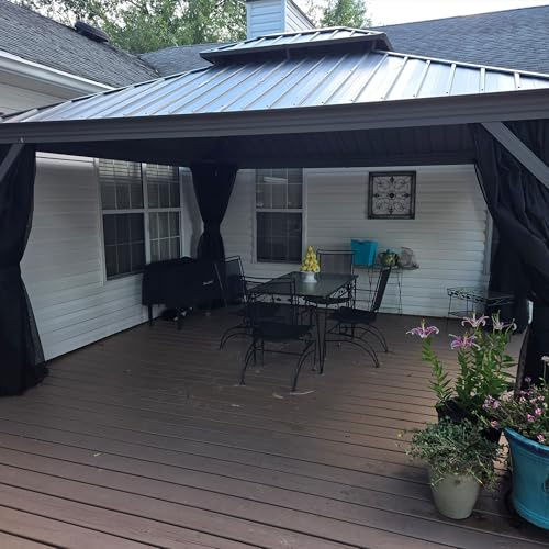 PURPLE LEAF Tonnelle de Jardin Extérieur 3,65 x 4,25 m avec Éclairage Extérieur Intégré de 14,6 m, Pergola à Double Toit en Aluminium Permanent Robuste avec Rideaux et Moustiquaire, Gris Clair