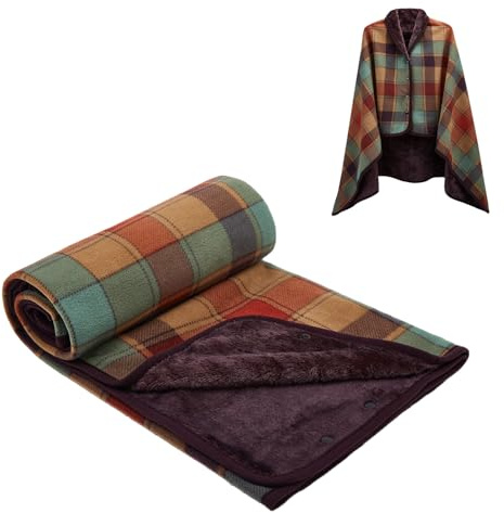 SIVENKE Poncho da donna in pile portatile, coperta a scacchi, comoda coperta in peluche, coperta avvolgente con bottoni per letto, divano, ufficio, A scacchi colorati, Taglia unica