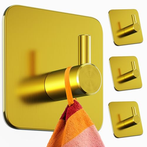 Menz Handtuchhaken ohne Bohren, Klebehaken aus Edelstahl, 4er Pack, Golden | Extra starke Handtuchhalter ohne Bohren, Haken selbstklebend mit wasserfesten Klebepads, Badezimmer Handtuchhalter