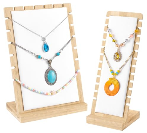 PH PandaHall 2 Size Bamboo Necklace Display Stand Wood Jewellery Necklace Holder Chain Jewellery Rack Organizer with White Leather Soft Mat Necklace Display Boards for Home Shop Store Sell Show