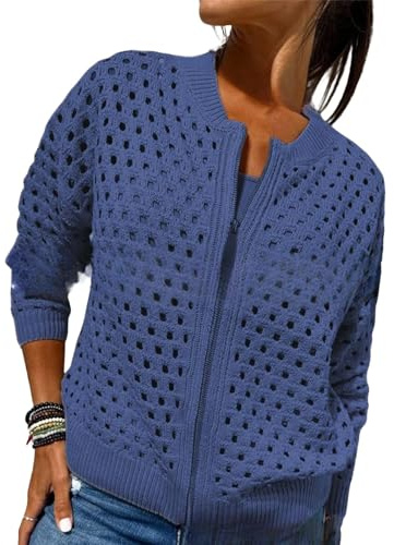 Whimsyard Giacca da donna lavorata a maglia con cerniera e ritagli, Cardigan maglione all'uncinetto da donna con cerniera, Top da donna traforato lavorato a maglia, Top all'uncinetto abbigliamento