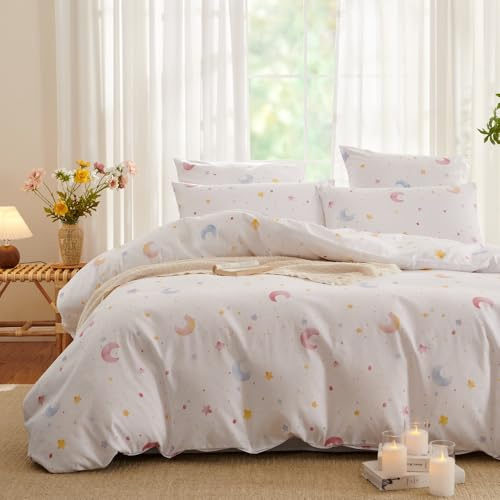 Freyamy Housse de Couette 200x200 Lune et Étoiles Parure de lit 2 Personne en Microfibre avec Fermeture Éclair Réversible Linge de Lit Blanc avec 2 Taie d'oreiller 65 x 65cm pour Filles Enfants