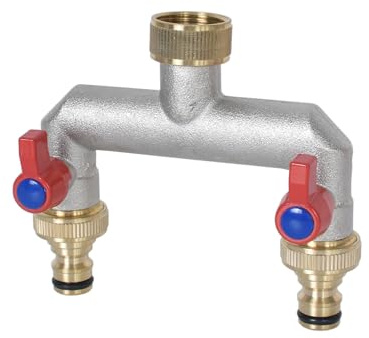 2-Wege Wasserhahn Wasserverteiler 3/4 Zoll Messing – 2fach Garten Wasser Verteiler mit Kugelhahn – Durchflussstarker 3/4 Adapter für Gartenschläuche – Vernickelt Messing Wasseranschluss Verteiler
