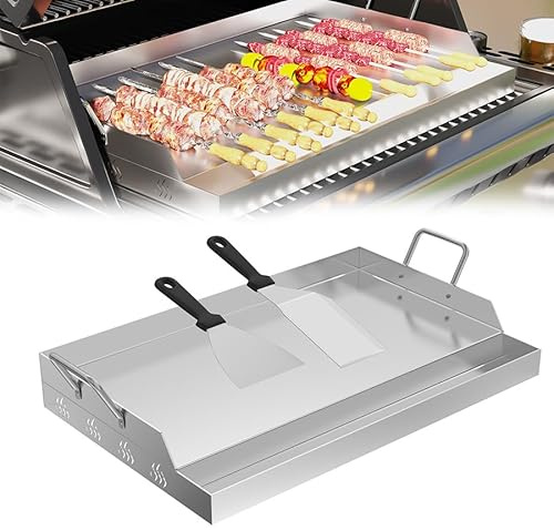 Aufun Plancha de acero inoxidable, 47 x 32 x 7 cm, universal, con depósito de recogida de grasa, placa de hoguera para barbacoa de gas y carbón, accesorios para barbacoa, incluye 2 espátulas y 2 asas