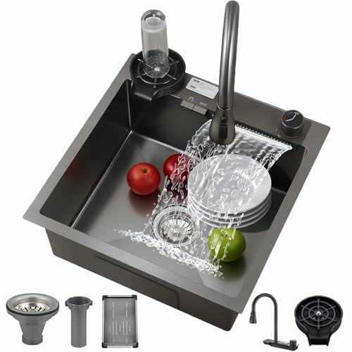 Coubird - Fregadero de acero inoxidable 50x50 cm negro, fregadero de cocina 1 lavabo, fregadero empotrado, fregadero con escurridor, grifos extraíbles, lavabo individual con sifón para cocina (negro