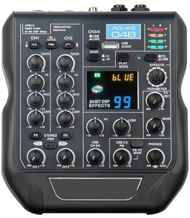 YQVEOT Mixer Audio, Mini Console di missaggio a 4 canali Mixer Audio 24 Bit 192 KHz 99 Effetti DSP Bluetooth