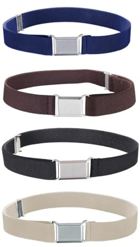 GNALIA Cinturón Niño 4 Piezas, Cinturones Elásticos Ajustables Con Hebilla Cuadrada Para 60-80 Niños Niñas En Negro, Azul Marino, Café, Beige Para Vaqueros Pantalones Cortos