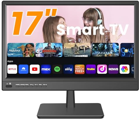 ZOSHING Smart TV de 17 pulgadas, pequeño televisor con entrada HDMI, sintonizador digital integrado, compatible con USB, montaje en pared, para dormitorio, cocina, caravana, incluye mando a distancia