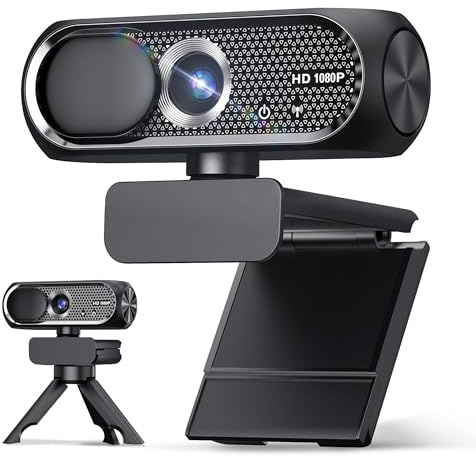 1080P HD Webcam with Rotatable Tripod and Mic, Noise Cancellation, Privacy Cover, Wide-Angle Lens, Auto Light Correction, Plug & Play USB Webcam for Laptop, Desktop, PC, Mac, Zoom, Skype, Streaming