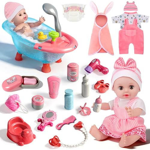 YOOHBERRYS Set di Bagno Bambola,Bambolotto Bambina con Accessori, Vasca da Bagno, Accessori e Accappatoio, Bambolotti Giocattolo Regalo per Bambina 2 3 4 5 Anni