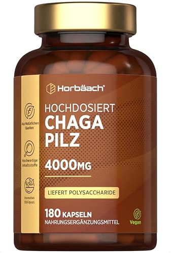 Chaga Mushroom Cápsulas 4000mg | Suplemento de Hongos Vegano de Alta Potencia | 180 Cápsulas de Polvo | De Origen Natural | Horbaach