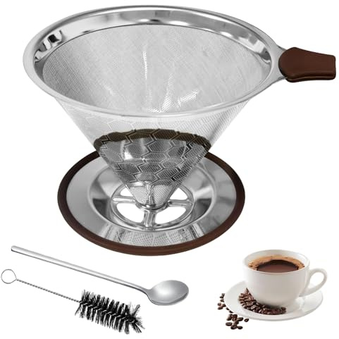 Kaffeefilter Edelstahl Kaffeefilterhalte Papierlose Dauer Wiederverwendbarer Kaffeefilter für Handfilter kaffee Tropfkaffeeaufsatz Inklusive LöFfel Und ReinigungsbüRste Perfekt FüR 3–4 Tassen