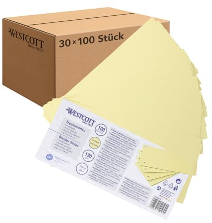 Westcott Trennstreifen 100 Stück Pastellgelb (30er-Pack) | Robuste Heftstreifen 190g/m² für A4 Ordner | Trennblätter 10,5 x 24 cm | Register 2-fach-Lochung für DIN-A4 Dokumente | E-733318 00