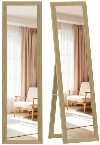 HOMCOM Standspiegel, Ganzkörperspiegel mit Ständer, freistehender Wandspiegel mit Holzoptik, Ankleidespiegel, Garderobenspiegel für Schlafzimmer, Flur, Eiche, 37 x 157 cm
