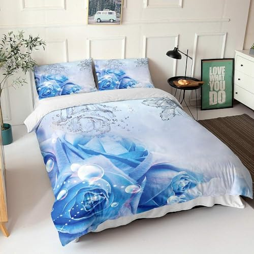 Housse de Couette 160x200 Rose Bleue Parure de Lit 1 Personne Rêveur et Romantique Imprimée 3D Microfibre Literie Set 3 Pièces avec Housses Couettes et 2 Taies d'oreiller A-1946