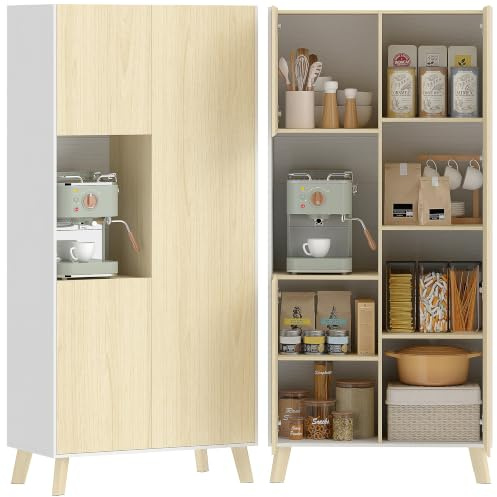 HOMCOM Küchenschrank mit offenem Fach 3 Türen Natur 80x40x170 cm | Hoher Buffetschrank, Hochschrank, Verstellbare Einlegeböden, Moderner Vorratsschrank, Küche, Wohnzimmer, Esszimmer