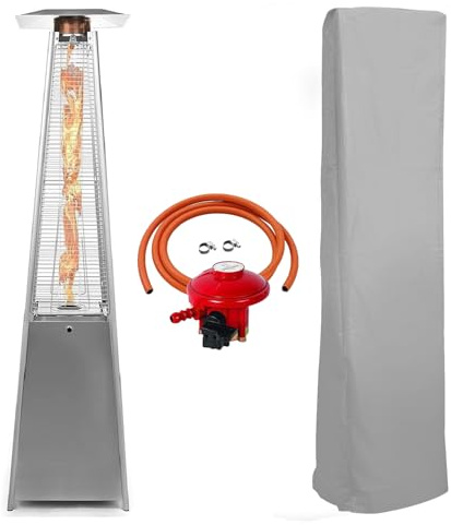 BU-KO Chauffage Gaz Terrasse | Extérieur: Jardin, Camping, Barbecue | Radiateur de Conception pyramidale au Propane - 13kw | Roues | Cheminée en Acier Inoxydable GPL