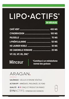Lipoactifs - Complement Alimentaire Brule Graisse, Draineur - Café Vert, Piloselle, Huiles Essentielles, Vitamines B, Zinc - Aragan - 30 Jours
