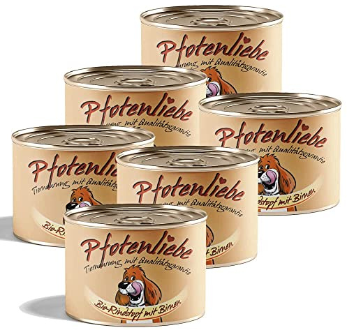 Pfotenliebe® Bio-Nassfutter für Hunde, Bio-Rindstopf mit Birne, 6 x200g (Dose), natürlich ohne Chemie, getreidefrei,