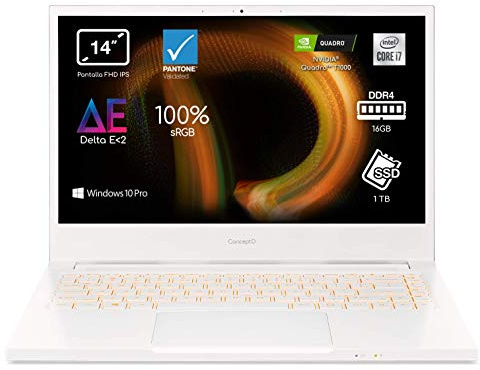 Acer ConceptD 3 CN314-72 - Ordenador Portátil 14 Full HD, Laptop (Intel Core i7-10750H, 8GB RAM, 1TB SSD, NVIDIA GTX 1650, Windows 10 Pro), PC Portátil Color Blanco - Teclado QWERTY Español