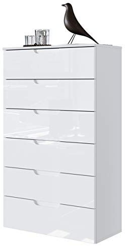 Newfurn Kommode mit Schubladen Weiß Hochglanz grifflos Schlafzimmer Flur | Griffmulden, Sideboard, Highboard, Komodenschrank, minimalistisch modern, für Wohnzimmer Diele und Ankleide