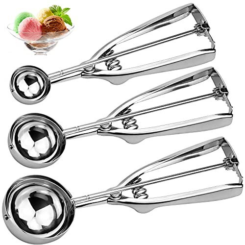 MUSEDAY 3 Pcs Cucharas de Helado de Acero Inoxidable Cuchara de Helado Profesional con Disparador para Helado Frutas Puré de Papas Masa Bolas de Carne 4/5/6cm