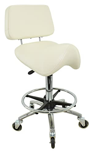 VAKON SALON - Breiter Sattelhocker mit Lehne Weiß, Sattelstuhl für Rückenentlastung, Rollhocker höhenverstellbar von 55-75 cm mit Fußring, Drehhocker, Praxishocker, Bürohocker, Arbeitshocker