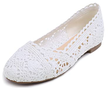 Feversole, runde Spitze, Ballerinas, Häkelschuhe, flach, bequem, atmungsaktiv, Weiß(Weiß Spitze), 40 EU
