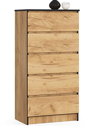 AKORD Kommode K60 mit 5 Schubladen | für das Wohnzimmer Schlafzimmer Schrank Büro Arbeitszimmer | Modernes Funktionales Design | B60 x H121 x T40 cm, Gewicht 39kg | Handwerk Eiche