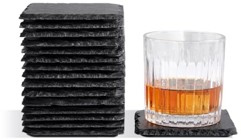 WLWNWFT Schiefer Untersetzer 16er Set, Glasuntersetzer Schiefer 10x10 cm, Untersetzer Schiefer eckig, Glas Untersetzer Stein Getränkeuntersetzer Tischuntersetzer Schwarz
