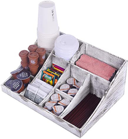 Vencer Wooden Coffee Station Organizer with 10 Compartment Condiment Holder,Farmhouse Coffee and Tea Bar Decor for Home,VTO-020