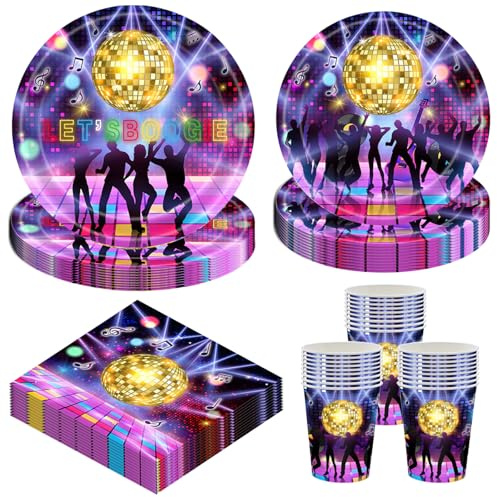 PIUMOJ Partygeschirr Set Disco, Platz für 16 Gäste, Geschirr im Stil der 70er, 80er und 90er Jahre, perfekt für Geburtstagsfeiern, Junggesellinnenabschiede und Veranstaltungen im Retro-Stil.