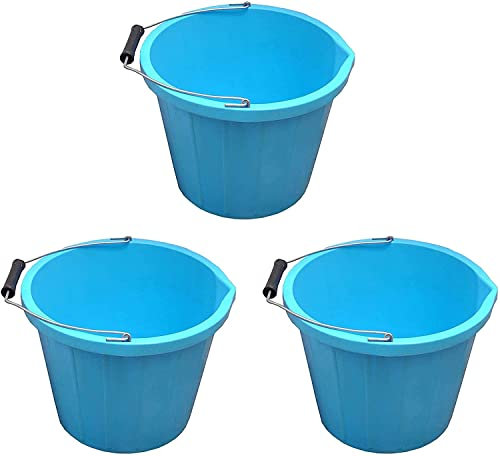 (Set of 3) 14L Litre Strong Plastic Builders Bucket 3 Gallon Multipurpose Storage Bucket Construction Bucket With Metal Handle & Spout For Cleaning Animal Feed Mixing Home & Garden Made in UK (Blue)