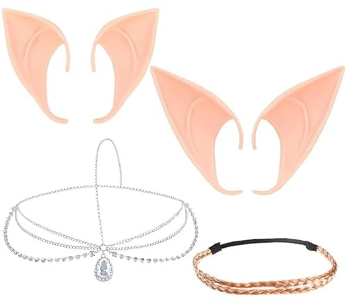 JOKILY Elfenohren, 2 Paar Elfenohren Schmuck, Elf Ears mit 2 Kopfkette, Elf Ohren für Kinder und Erwachsene, Party Elfen Ohren Cosplay Zubehör for Halloween Karneval Party Deko