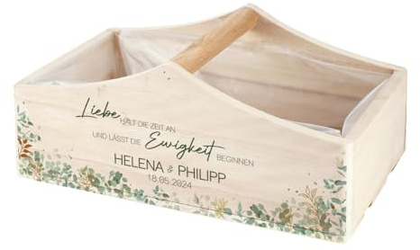 Geschenkkorb mit Druck oder Gravur zur Hochzeit, dem Jahres- oder Valentinstag (Liebe hält die Zeit an)