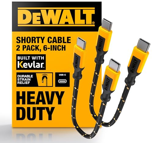 DEWALT Heavy Duty Short USB C to USB C 60W Cable 2Pack (1.8m) Durable Type C Fast Charging Nylon Braided Cord, Compatible with iPhone 17/16/15 Series, Android Samsung Galaxy S24/S23/S22/ Ultra
