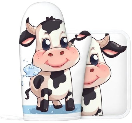 Set di 2 guanti da forno e presine a forma di mucca da latte, resistenti al calore, guanti da cucina in silicone, presine per cucinare grigliate