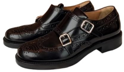 ANUFER Femmes Élégant Double Moine Brogues Talon Bloc Bas Noir Cuir Chaussures Habillées Noir SD5A40222 EU36