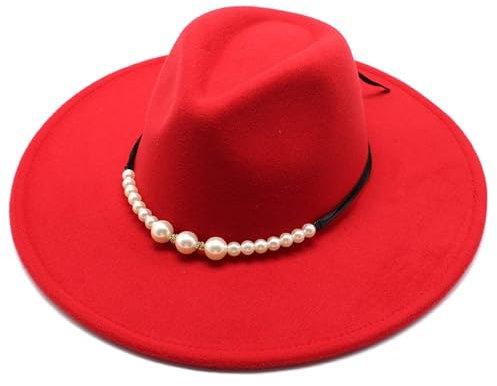 NOAMED Fengyan Mütze, 9,5 cm Krempe, Winter, Wollfilz, Fedora-Hut für Herren und Damen, Panama-Jazz-Hüte mit Gürtel, Fedora-Hüte für Damen und Herren, rot, 6 7/8-7 1/8