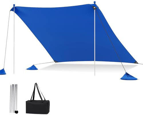 HOMASIS Sonnenschutz Strand, Sonnenzelt UPF 50+, Strandzelt Lycra mit Sandankern & 4 Sandsäcken, Sonnensegel mit 2 Stützstangen & Tragetasche, Sonnendach für Strand Garten (Blau, 300 x 300 cm)