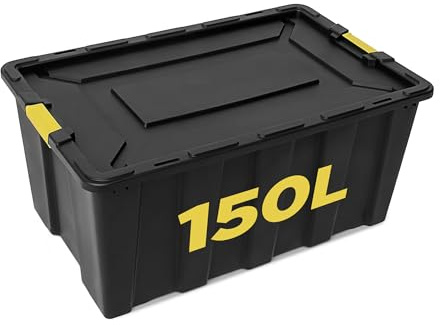 Large Plastic Storage Box with Lid - 150 Liters Capacity - Heavy Duty Black Container 36.2 x 22.8 x 16.5 in ( 92x58x42 cm) with Lockable Feature, Handles, and Strong Clips for Garage, Attic, Shed