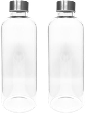 2er Set Trinkflasche aus Glas 1 Liter Deckel aus Edelstahl Wasserflasche Glasflasche auslaufsicher, modern, hochwertig, umweltbewusst