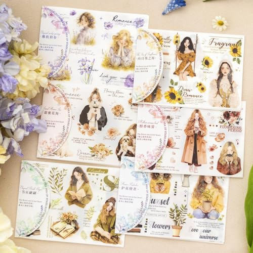 12 klistermärken för att gnugga blommor och tecken rub på klistermärke för klippbok, dagböcker, album, möbler, hantverk, gör-det-själv, personliga PET-klistermärken