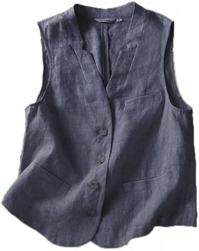 Goolecrimp Gilet Senza Maniche in Lino di Cotone da Donna con Scollo a v e Bottoni Senza Maniche Gilet Estivo con Chiusura a Bottone Gilet da Lavoro da Ufficio (Blu,XL)