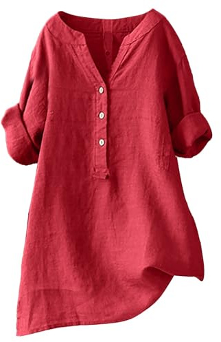 Linneskjorta damer sommar – tröja damer v-ringning, långärmad blus linneblus stora storlekar skjorta blus klänning linne elegant lång blus oversize blus skjorta casual damblusar, röd, XXL